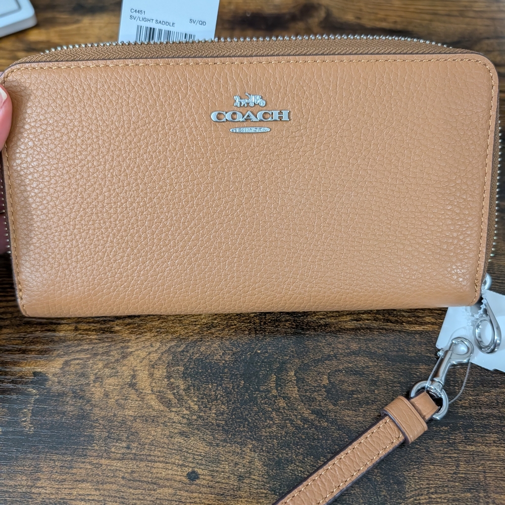 Coach Pebble Leather Zip Wallet Wristlet in Light Brown